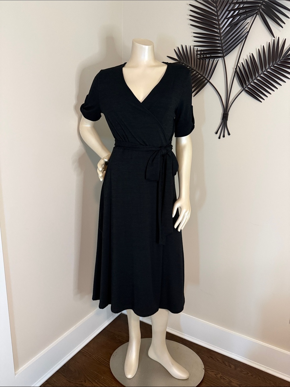 GAP Black Wrap Midi Dress with Tie Waist